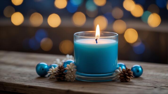 blue scented candle with decorations on wooden table photo